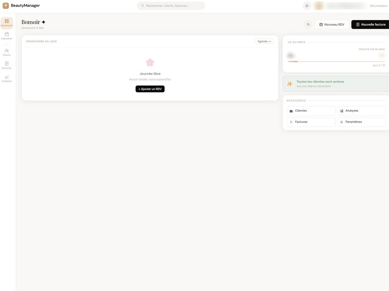 Aperçu du logiciel Beauty Manager — dashboard pour instituts de beauté