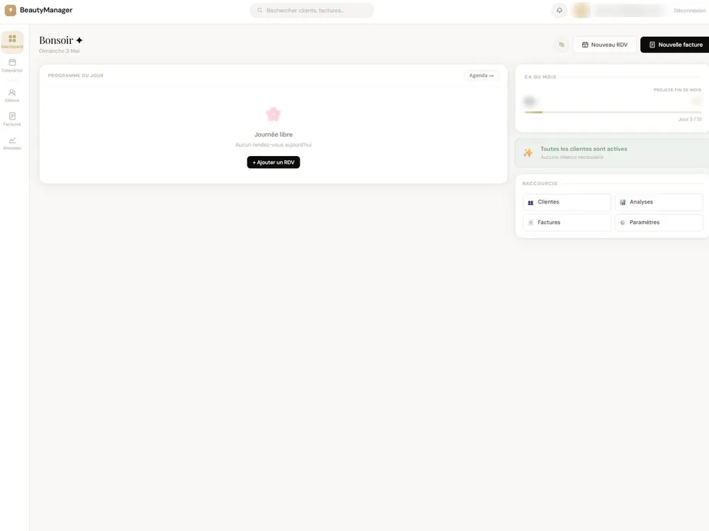 Interface du logiciel de rendez-vous et facturation Beauty Manager développé par Northlink