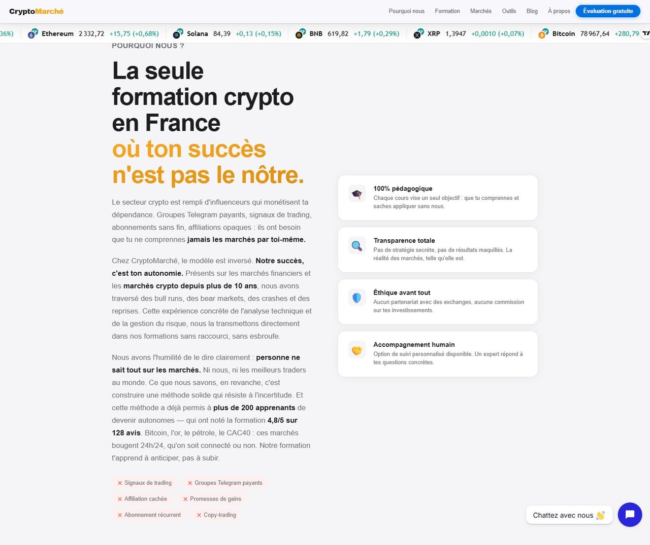 Aperçu du site Cryptomarche.fr — plateforme de formations trading