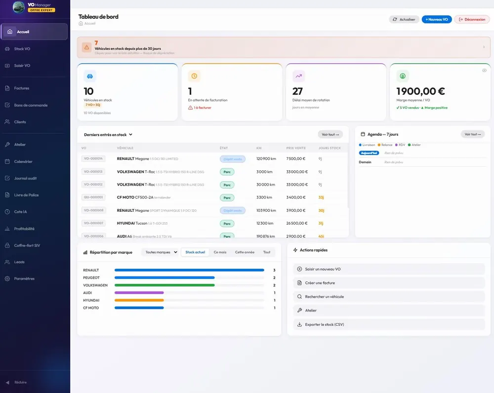 Interface du logiciel de gestion de véhicules d'occasion VO Manager développé par Northlink